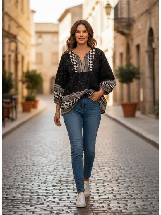 World Market Tops - World Market Womens S/M Black Ivory Boho Peasant Blouse 100% Cotton Oversized
